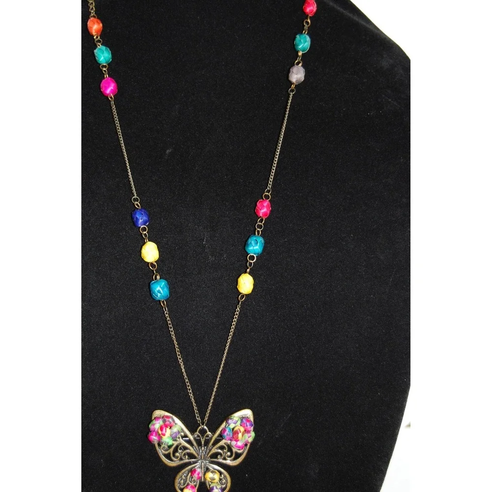 Vintage Canasta Butterfly necklace Mexican jewelry Multicolor Brass‎